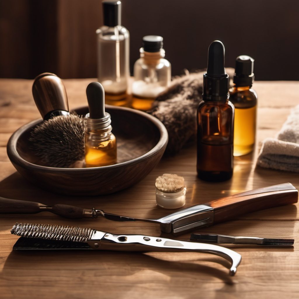 Clippers, razor, and beard oil on the counter.