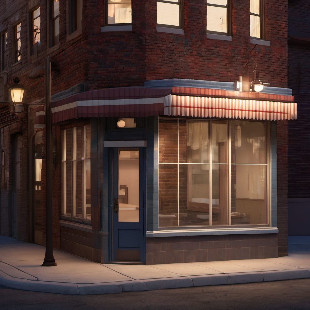 The storefront at dusk with the barber pole lit.