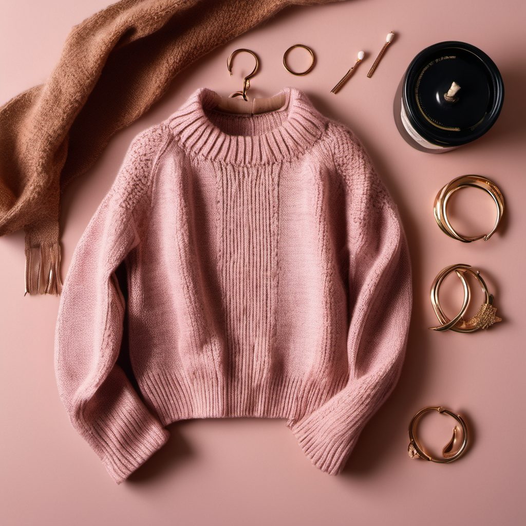 A knit sweater, gold earrings, a leather bag, and a candle.