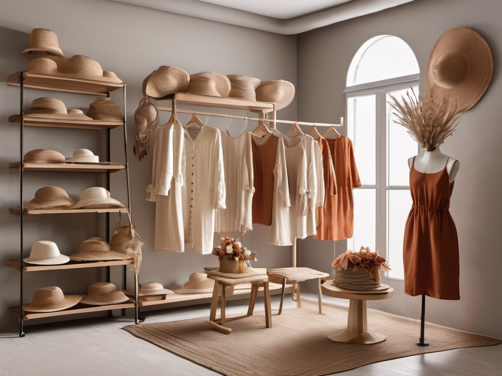 Racks of linen dresses in cream and rust, dried flowers, and rattan hats.