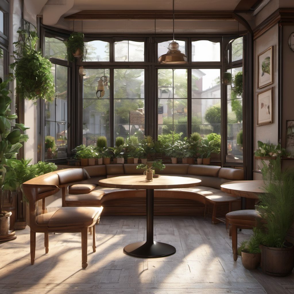 The seating area, small tables and plants.