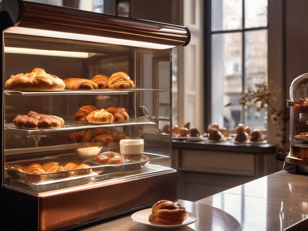 The pastry case and the copper espresso machine in morning light.