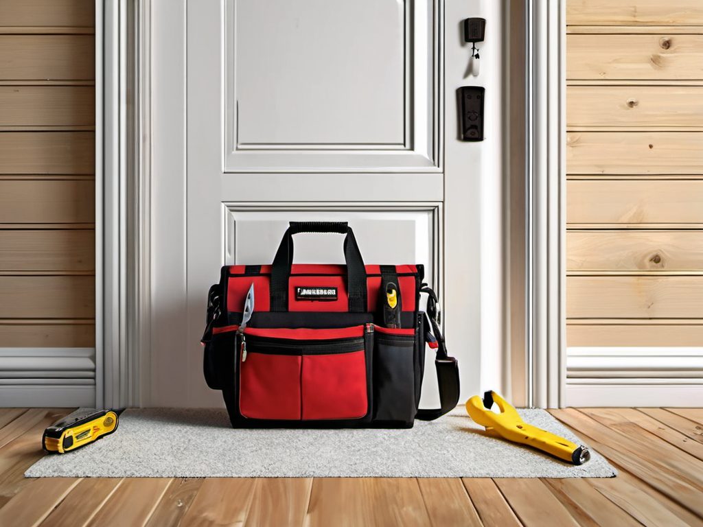 A tool bag beside a freshly hung interior door.