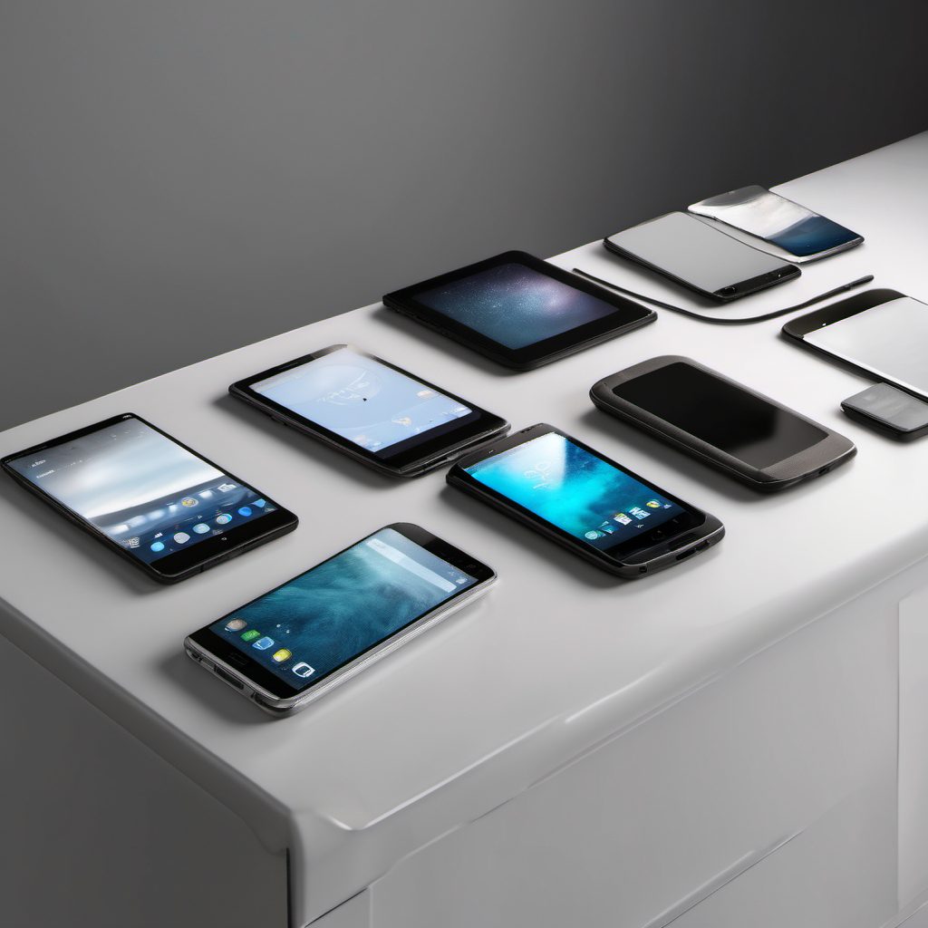 Refurbished phones and tablets lined up on the counter.