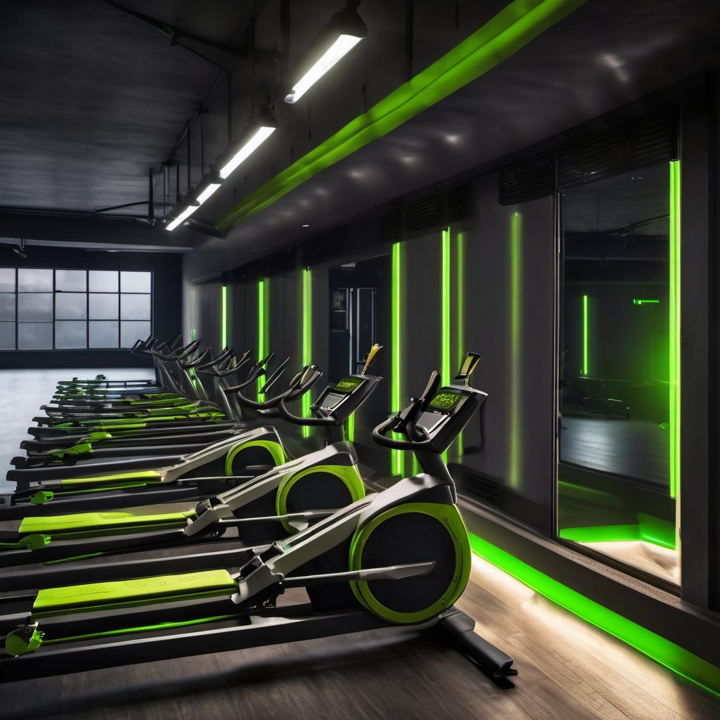 A row of rowing machines under lime accent light.