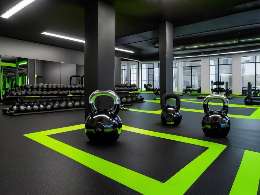 The studio floor with racked kettlebells and dumbbells.