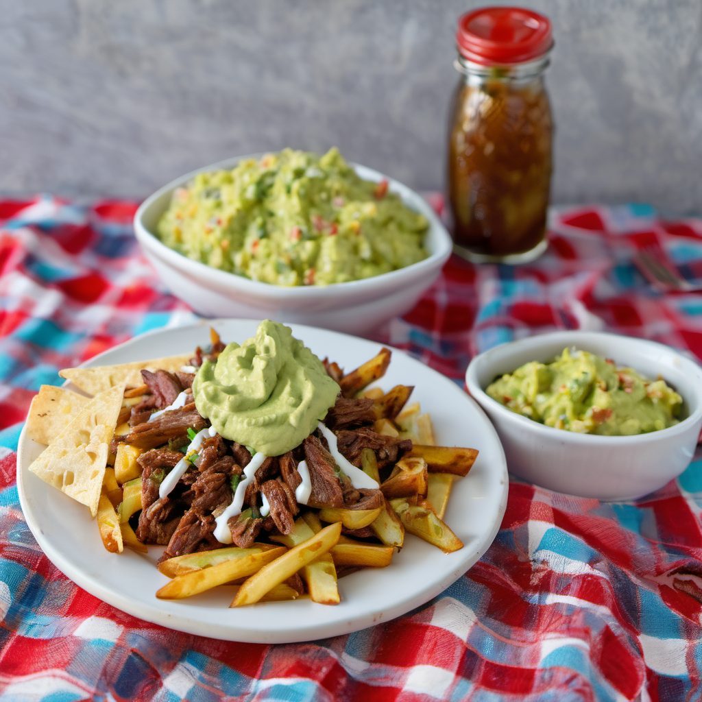 Carne asada fries with guacamole and crema.