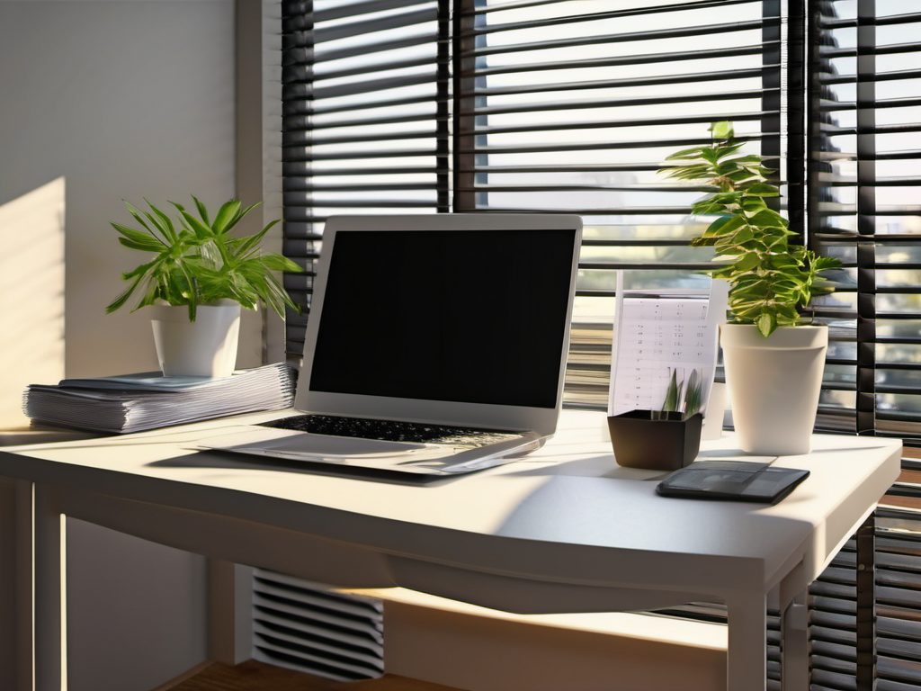 A tidy desk with folders, a calculator, and morning light.